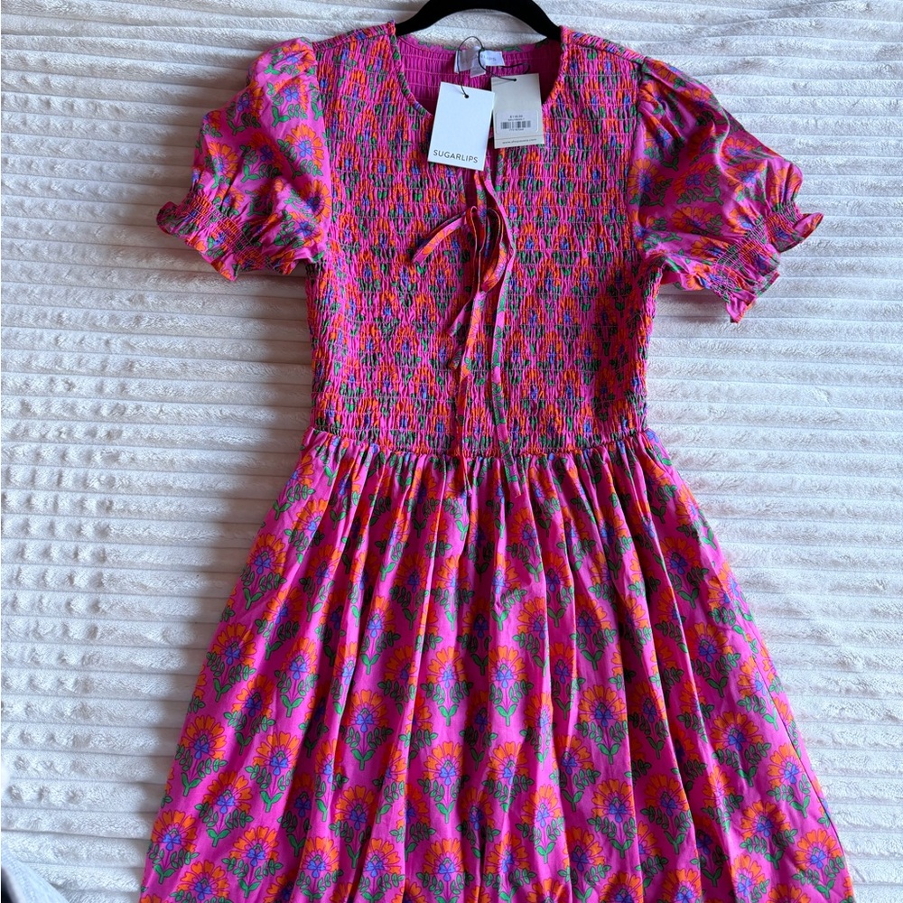 AVARA Sugarlips Pink Printed Smocked Midi Dress